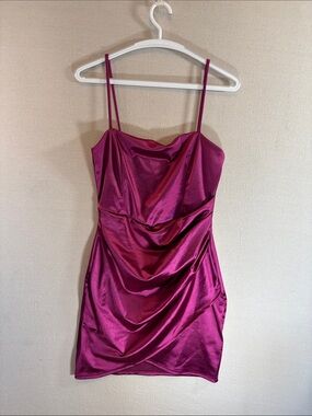 Satin Cowl Neck Mini Dress in Fuchsia